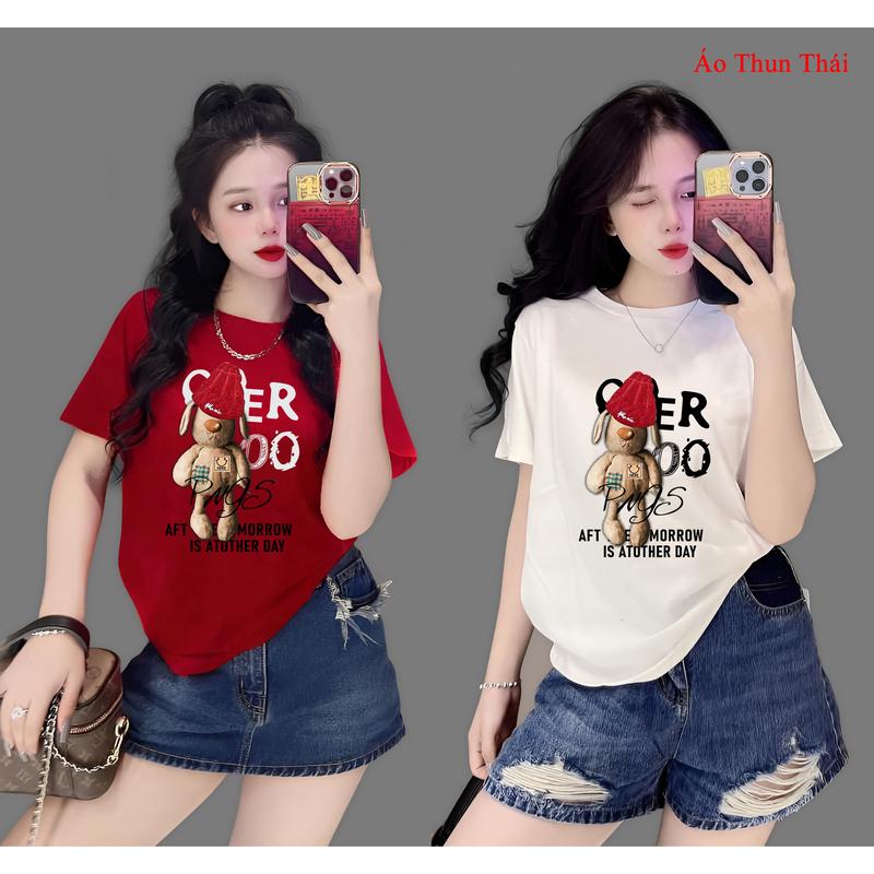  Áo Thun Thái Nữ  Mã A45  gấu Pngs-Form vừa 40~60kg Form rộng 50-72kg Áo Cổ Tròn Top Women Cotton mềm mịn mát 