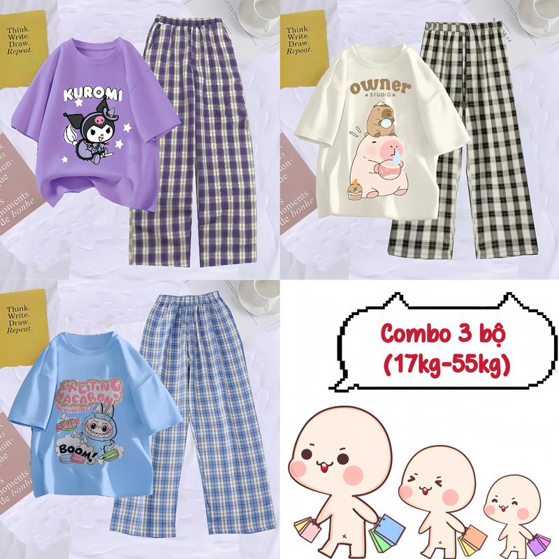 (17-55kg) Combo 3 bộ áo cộc quần kẻ dài có túi hình in siêu xinh Capybara labubu kurumi cho bé gái