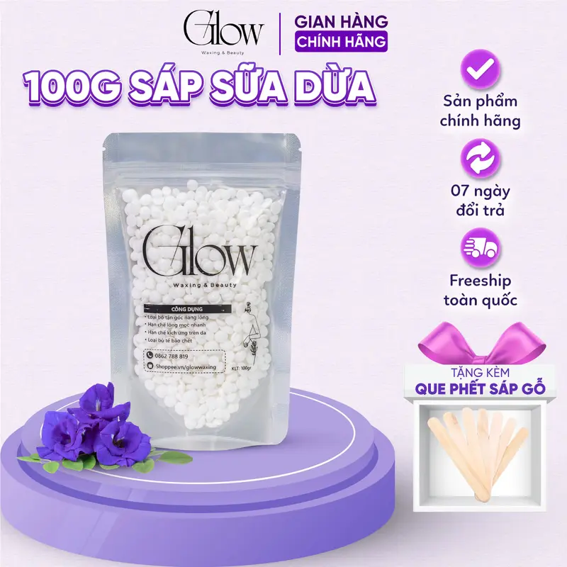 [CHE TÊN] Sáp Wax Lông Nóng Sữa Dừa Premier Cao Cấp GLOW WAXING Siêu Bám Lông Chuyên Wax Bikini, Nách, Body Tặng Que Gỗ sáp  wax 4