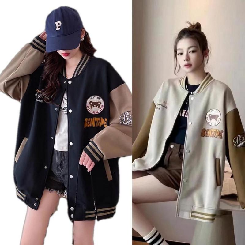 Áo khoác bomber nữ thêu gấu Bentipec chất dạ dày dặn cúc bấm sắt form dưới 65kg chống nắng 0