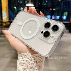 New Upgrade Transparent Space Magnetic Protective Case for Iphone 14 13 12 11 Pro Max XR X XS XSMAX 7 8 + 14 Plus Clear Acrylic Plated Button Hard Casing