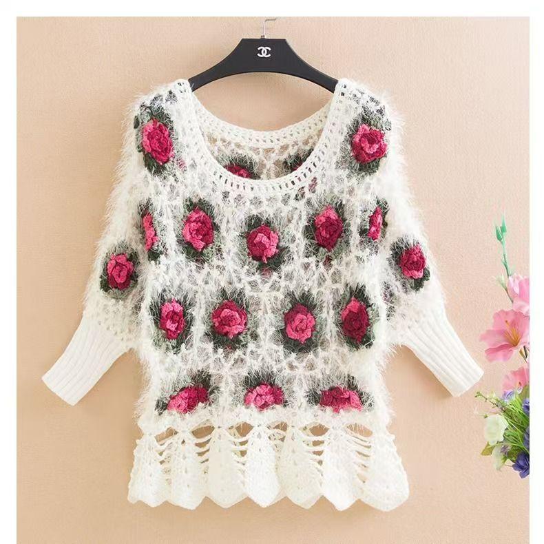 Áo Len Dệt Kim Đan, Tay Áo 3 / 4, Bộ Sưu Tập Mùa Xuân Và Mùa Thu, Hàng Mới Về, Cạp Cao, Jacquard Thời Trang, Cổ Tròn, Kiểu Ngắn, Dáng Rộng Vừa Vặn, Áo Tay Cánh Dơi, Dành Cho Nữ 6