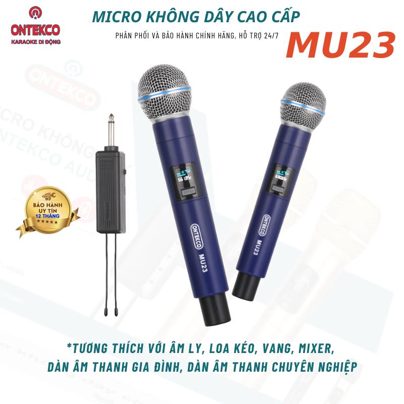 Bộ đôi micro karaoke ontekco không dây MU23 cao cấp, hiển thị tần số cố định, chống hú chống rít chuyên dùng cho loa kéo, amply, sound card, mixer, vang, đẩy ,...  có cổng sạc type- C trên tay mic tiện lợi micro  d2 mic thu am hat mic  max