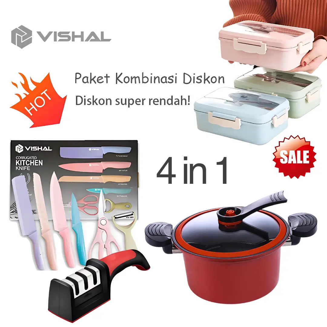PAKET COMBO HEMAT 4N1! 1PCS Panci Presto+1PCS Pisau set +1PCS Pengasah Pisau+1PCS Lunch Box