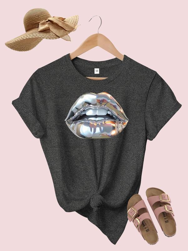Women's Lip Print Round Neck Tee, Fashion Casual Crew Neck T-Shirt for Daily Holiday Vacation Outdoor Wear, Ladies Clothes for Summer, Top 6