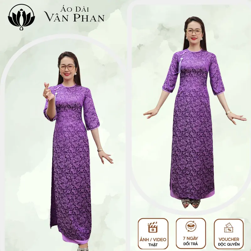 Áo dài cổ khít tay loe gấm thanh liễu tím viền tím cà đính cúc - A2841 (Thương hiệu: áo dài Vân Phan) 3