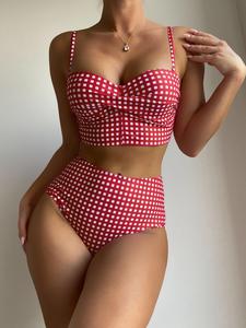 Conjunto de bikini con estampado de cuadros para mujer, conjunto de bikini con tirantes ajustables y parte de abajo de baño de cintura alta, traje de baño de verano para vacaciones en la playa para mujer