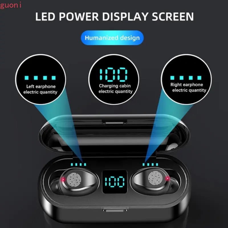 TWS-F9 Bluetooth 5.0 HiFi - Earphone Wireless Touch Control, Digital Display, Desain In-Ear, Hitam untuk HP.H 2