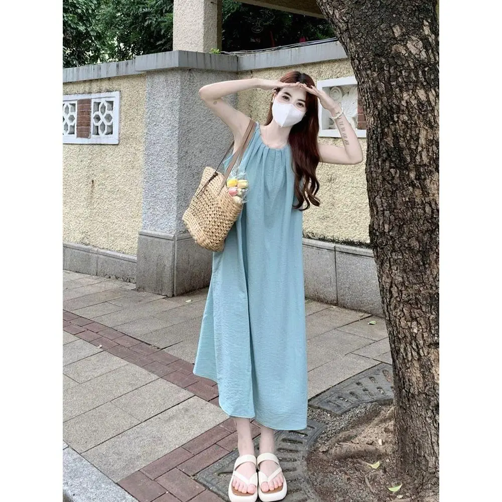 French Style Ins Dress for Women Summer New Fashion Beach Vacation Gentle Halter Sleeveless Vest Long Dress
