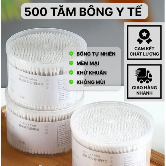 Hộp 500 Tăm Bông Thân Gỗ Tre Ngoáy Tai Người Lớn 2 Đầu Vệ Sinh Tai Đa Năng An Toàn Tiện Lợi - Hộp Tròn 0