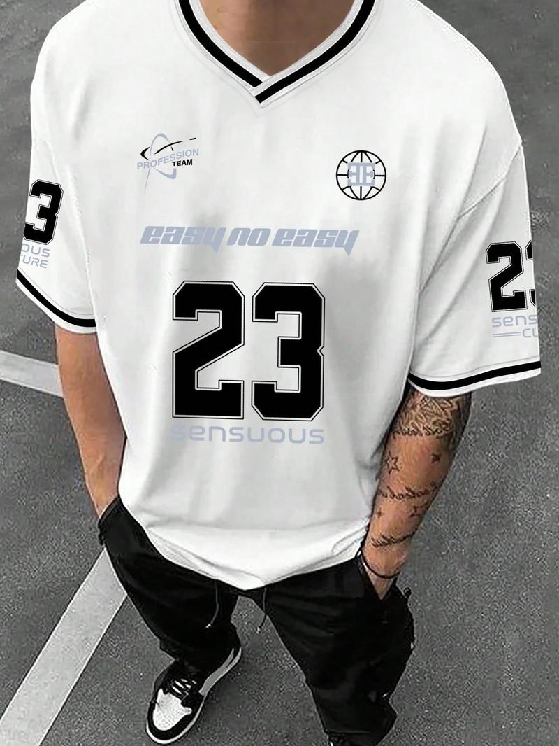 Product Introduction of Men's Letter & Number "23" Print Contrast Binding V Neck Tee, Regular Fit Casual Short Sleeve T-shirt for Summer, Men's Top for Daily Wear 3