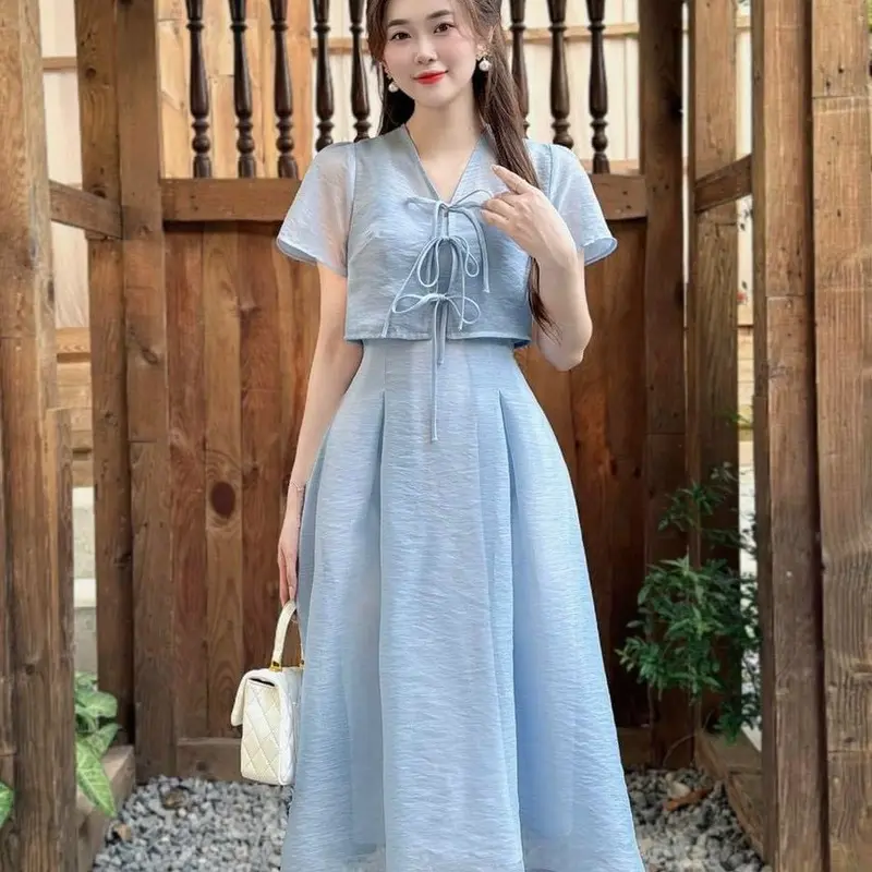 Đầm váy nữ dáng da áo khoác voan cột nơ xinh xắn màu xanh tôn da quý phái đi chơi dự tiệc đi biển 3