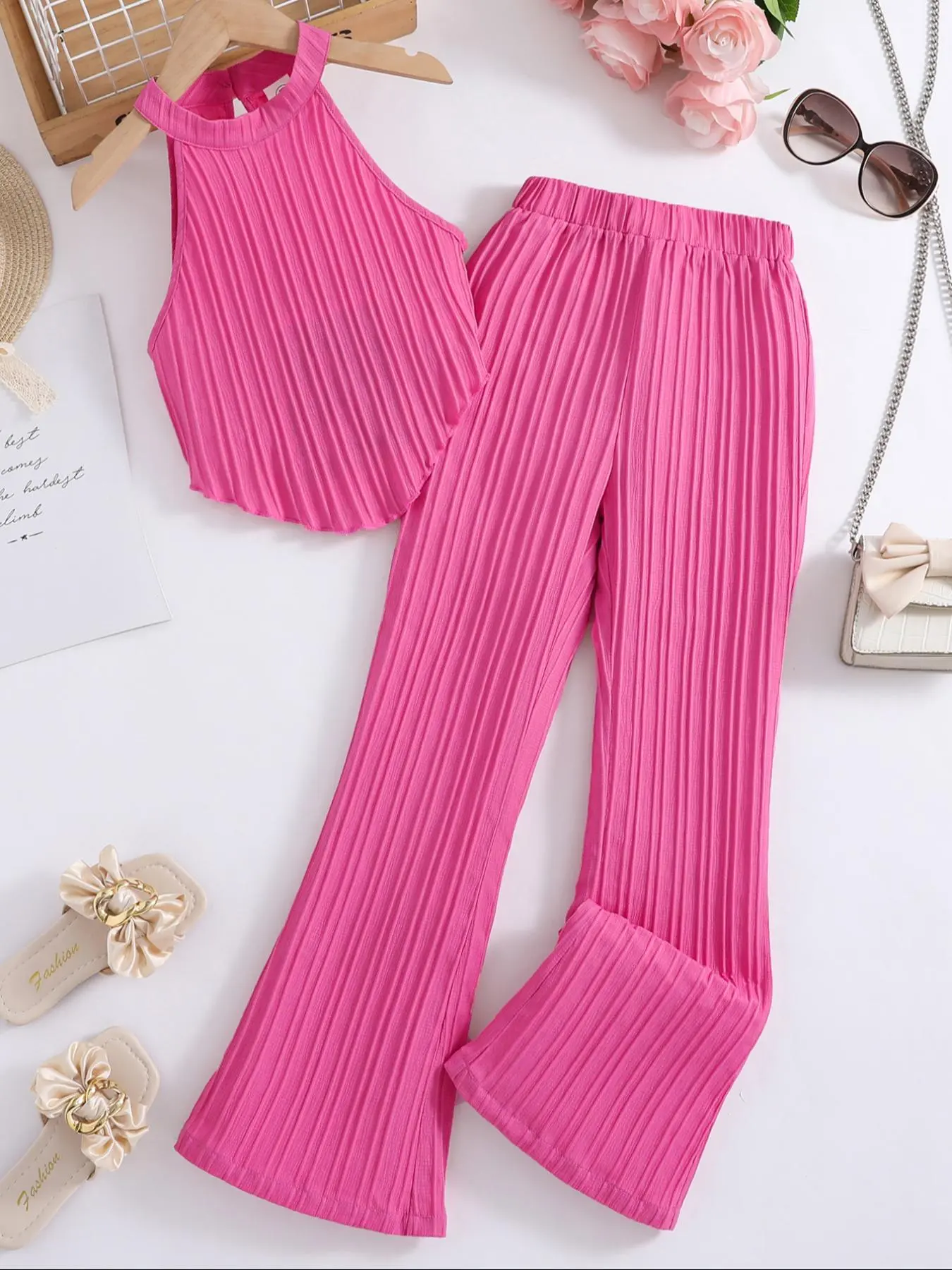 Girl's Plain Elastic Waist Flare Leg Pants Set, Casual Soft Keyhole Neck Crop Tank Top & Pants for Daily Wear, Kid's Summer Clothes, Co ord Set Summer