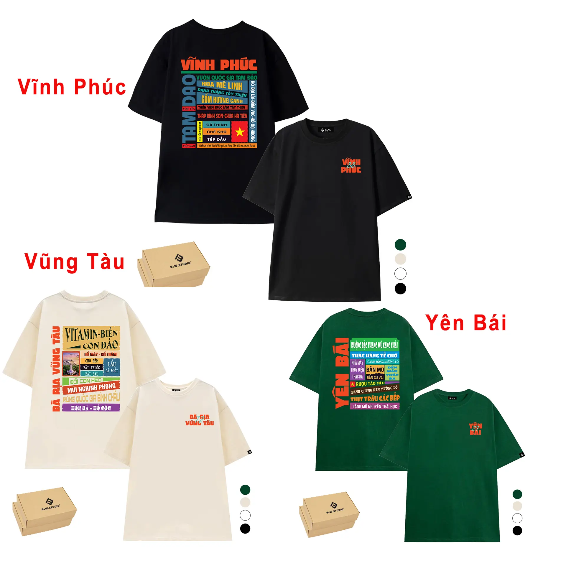 Áo 63 Tỉnh Thành Việt Nam: Vĩnh Phúc, Vũng Tàu, Yên Bái, Áo Thun B&W Studio, Chất Liệu Cotton, Dày Dặn, Form Rộng Unisex S-XL
