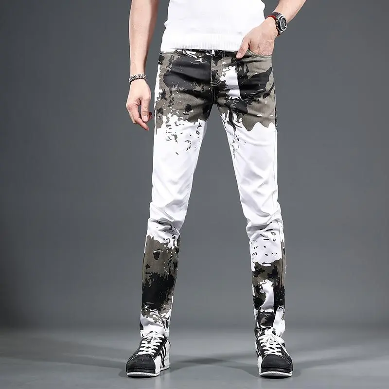 Metrosexual Pattern & White Camouflage Slacks Men's Slim Fit Skinny Fashionable Denim Trousers Men's European and American Fashion Brand Men's Clothing Pants