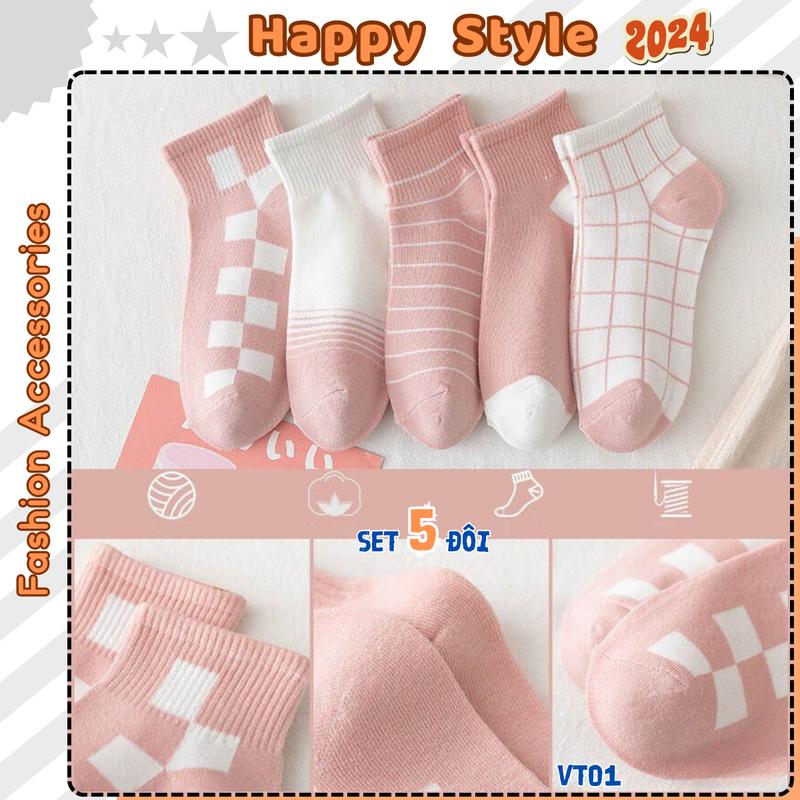 Tất Vớ Cổ Ngắn Sét 5 Đôi Tất Chân Nam Nữ Họa Tiết Kẻ Sọc Chất Cotton Co Giãn VT01