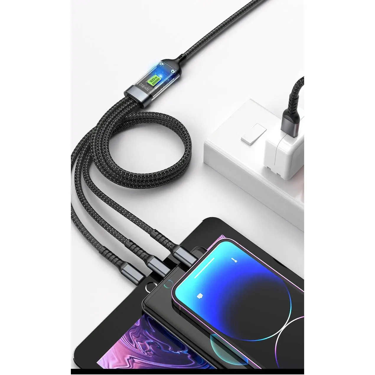 100W Super Fast Charge Luminous Digital Display Data Cable Three-in-One Mobile Phone Charging Cable Multi-Head Smartphone Cellphone