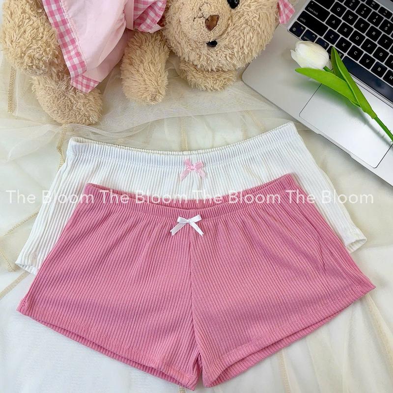 Combo 2 quần short mini mặc nhà phối nơ xinh xắn chất cotton len đũa, quần đùi thun lưng thấp THE BLOOM Women Nữ | Q014 đồ macnha tí hon ngủ voi