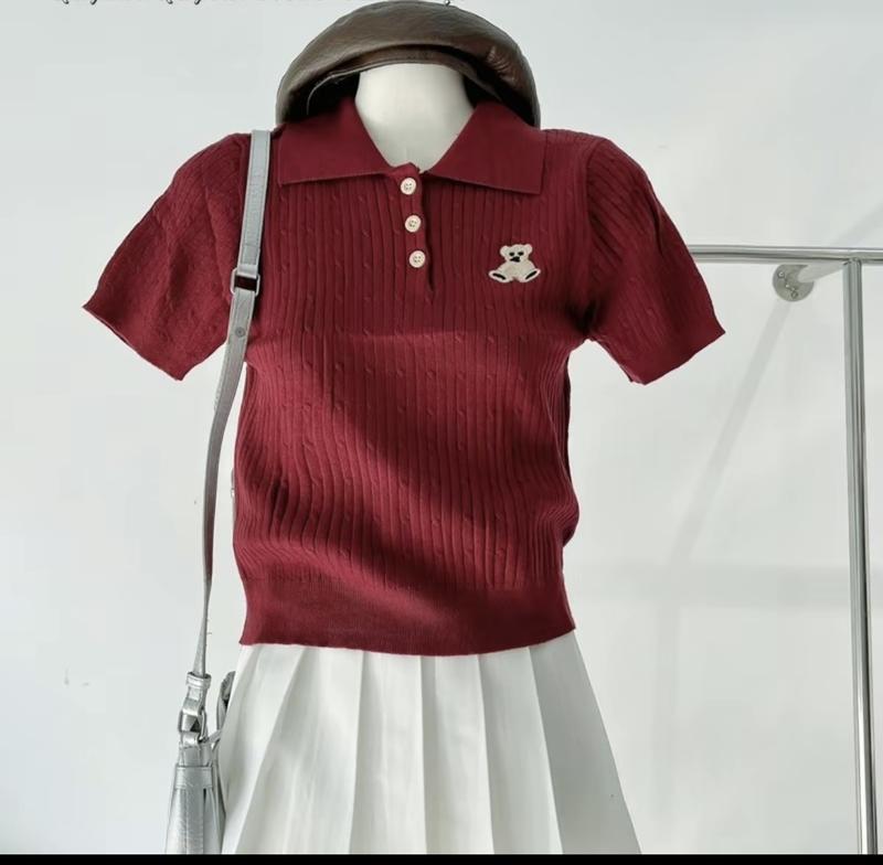 Áo polo len dệt kim nữ tay ngắn kiểu cổ bẻ thêu gấu dáng ôm body len mongtoghi mềm mại hàng Quảng Châu