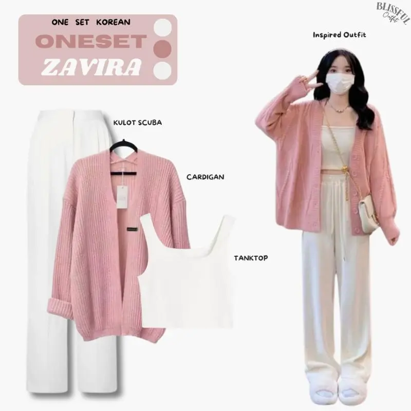 Isharaproject - ZAVIRA Oneset Outfit Wanita / Atasan Cardigan Pink / Inner Tanktop / Bawahan Celana Kulot Scuba / OOTD Korean Baju Kantong / Setelan Santai Casual Formal Panjang 0