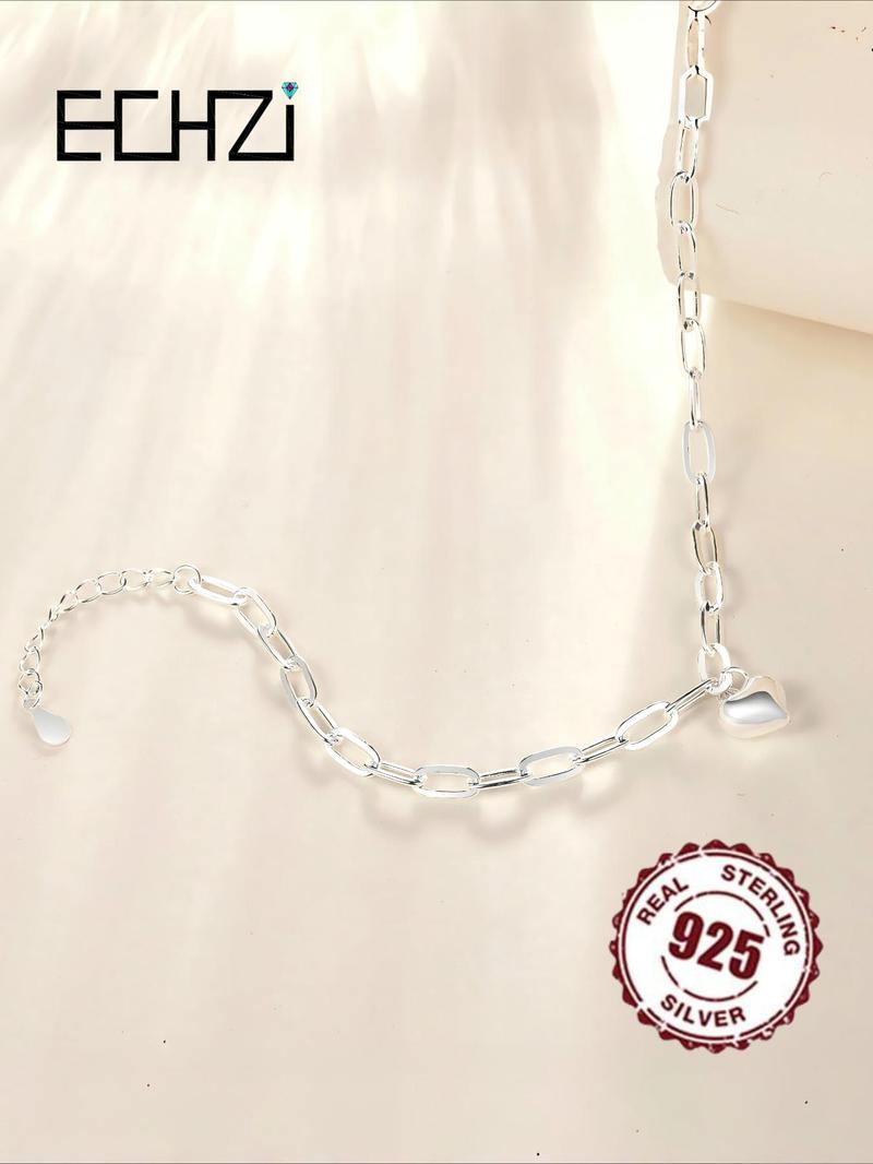 Product Introduction of 925 Sterling Silver Simple Heart Design Chain Bracelet, Fashionable Jewelry for Women & Girls, Gift for Mom, Mother's Day Couples Gifts 7