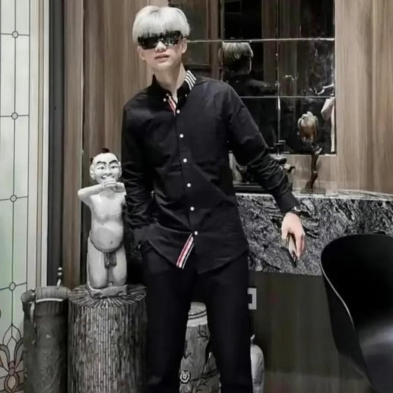 Áo sơ mi nam tay dài thiết kế 4 sọc cổ boy phố chất lụa mềm mịn  mẫu mới cao cấp_Shop Bích9999 Menswear Shirt Cổ Tròn