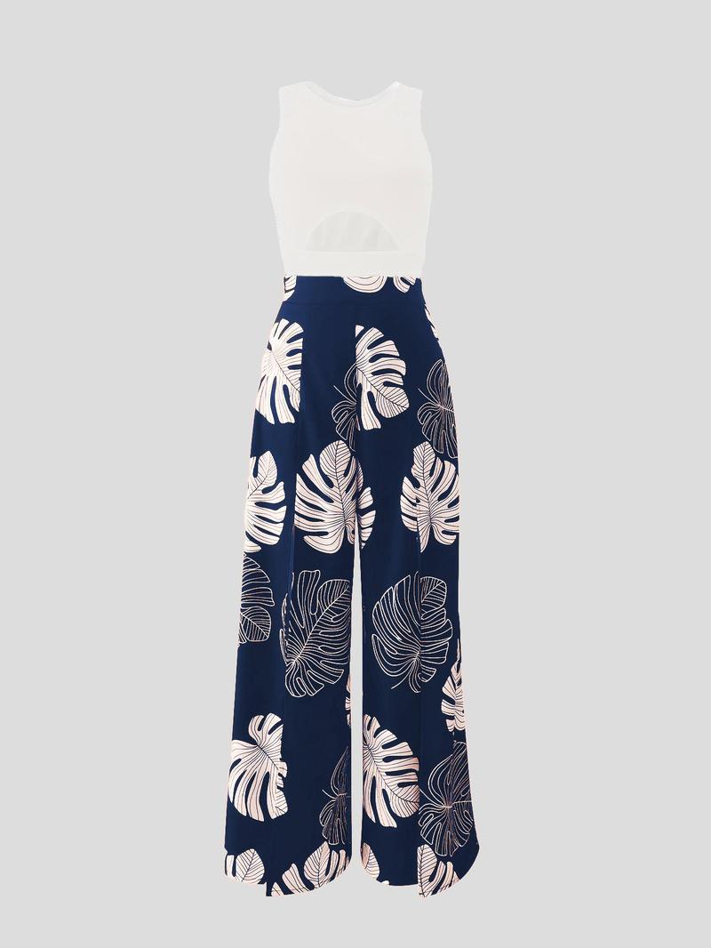 Product Introduction of Women's Solid Crop Top & Leaf Print Wide Leg Pants Two-Piece Set, Elegant Fashion Casual Top & High Waist Trousers for Daily Outdoor Wear, Ladies Outfits for Summer 7