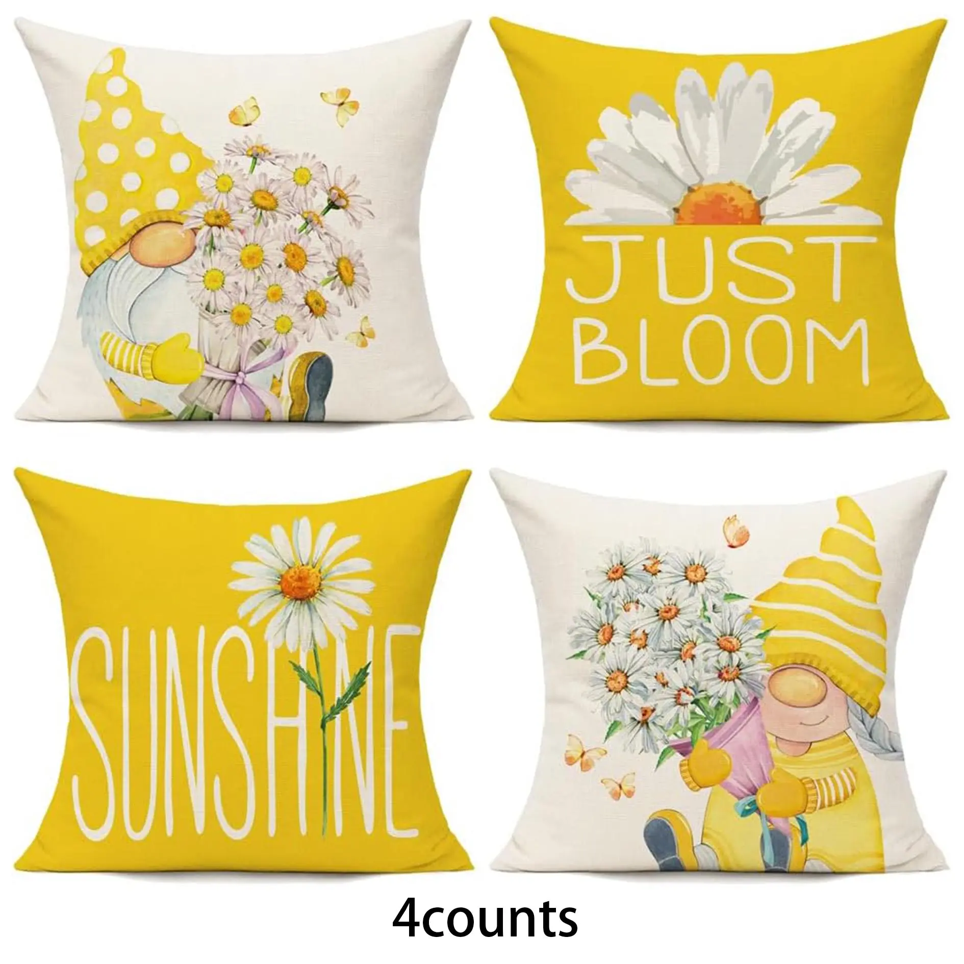 Sunflower & Daisy Pattern Cushion Cover, 4 Counts/set Square Throw Pillow Cover, Household Decoration Supplies for Home Living Room Bedroom