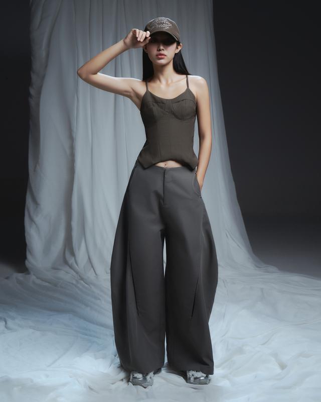 Quần ống rộng phối zip Xám Rêu Bunnyhill