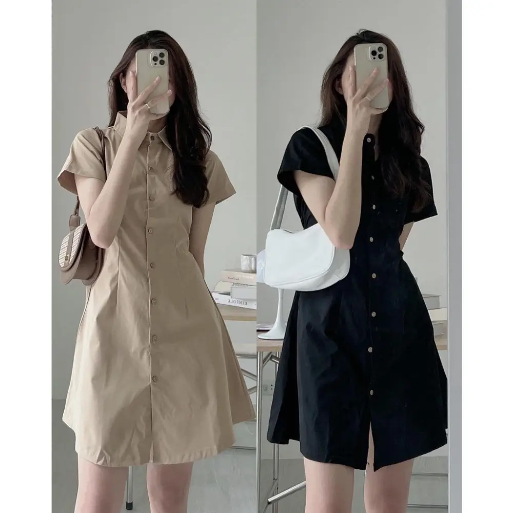 Short Sleeve Shirt Dress for Women Korean Style Fitted Casual Plain Dress