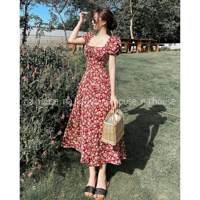￼Đầm hoa nhí dáng dài xẻ tà đi chơi đi biển dạo phố váy hoa nhí lụa cổ vuông tiểu thư thiết kế đẹp xinh xịn sang Women Nữ Dress 3