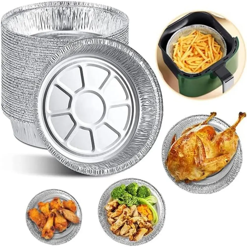 5Pcs Round Foil Trays Foil Flan Dish Silver Foil Food Container Disposable Aluminum Foil Plate Tin Foil Pie Pans for Air Fryer