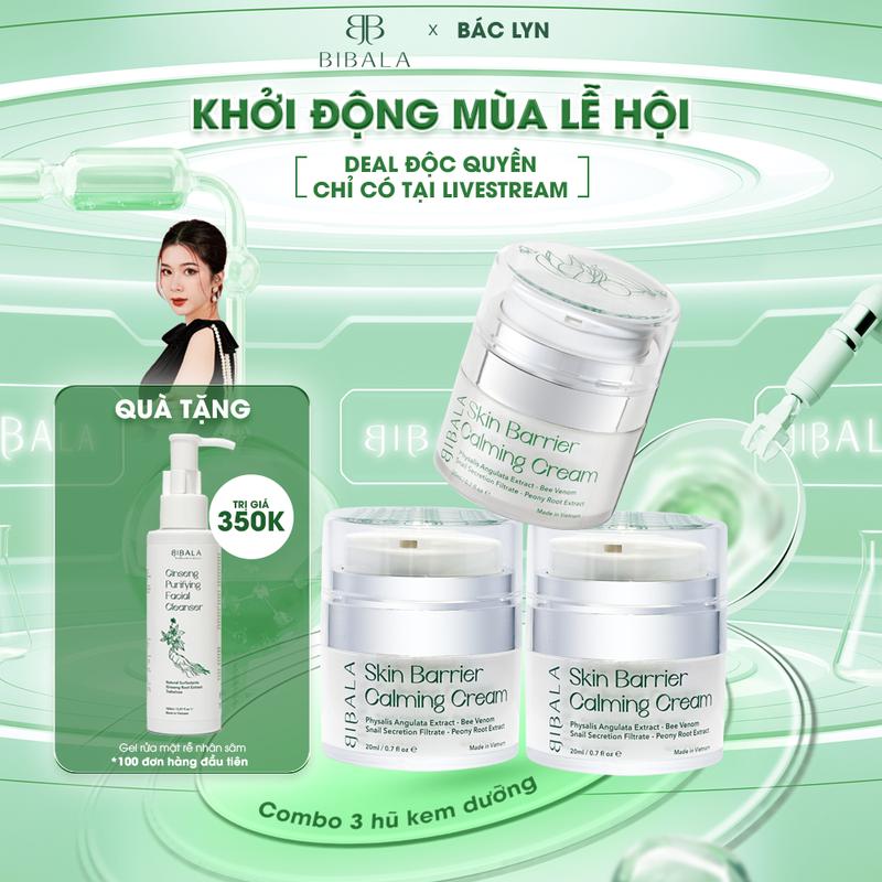 COMBO 3 Lọ Kem dưỡng Chăm Sóc Da phục hồi, lành thương và làm giảm kích ứng BIBALA SKIN BARRIER CALMING CREAM 20G TẶNG GEL Rửa Mặt Rễ Nhân Sâm 150ML BIBALA