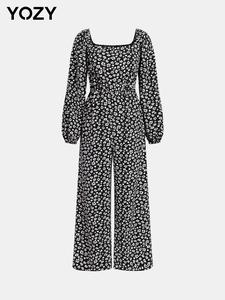 YOZY Women's Ditsy Floral Print Bishop Sleeve Wide Leg Jumpsuit, Casual Long Sleeve Square Neck Jumpsuit for Fall & Winter, Women's Clothes for Daily Wear