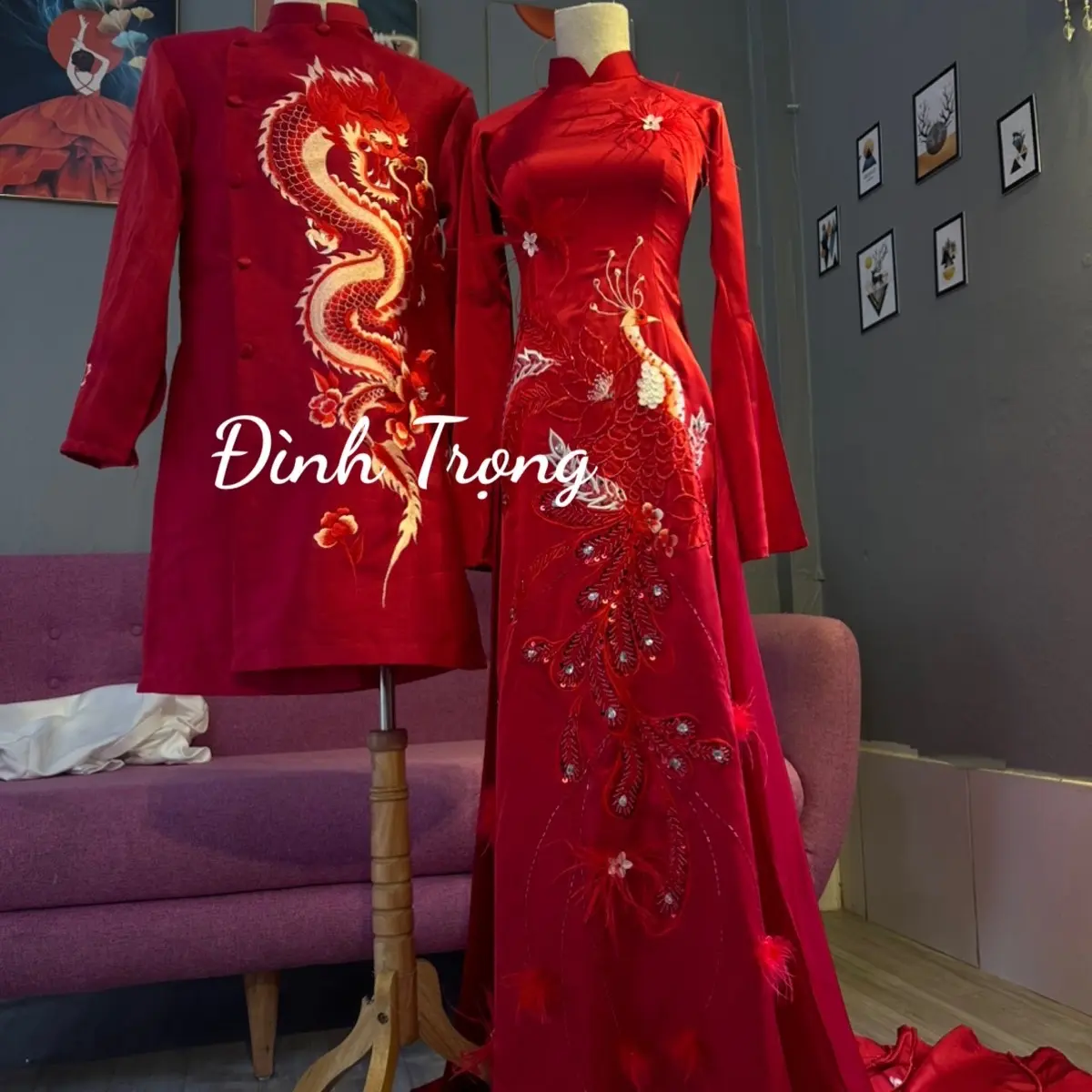 Áo dài cưới thêu hoạ tiết nổi