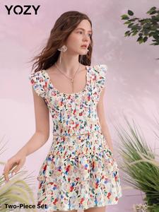 YOZY Two-Piece Set Women's All Over Print Crop Tank Top & Skirt, Casual Fashion Outfits for Daily Outdoor Wear, Ladies Clothes for Summer