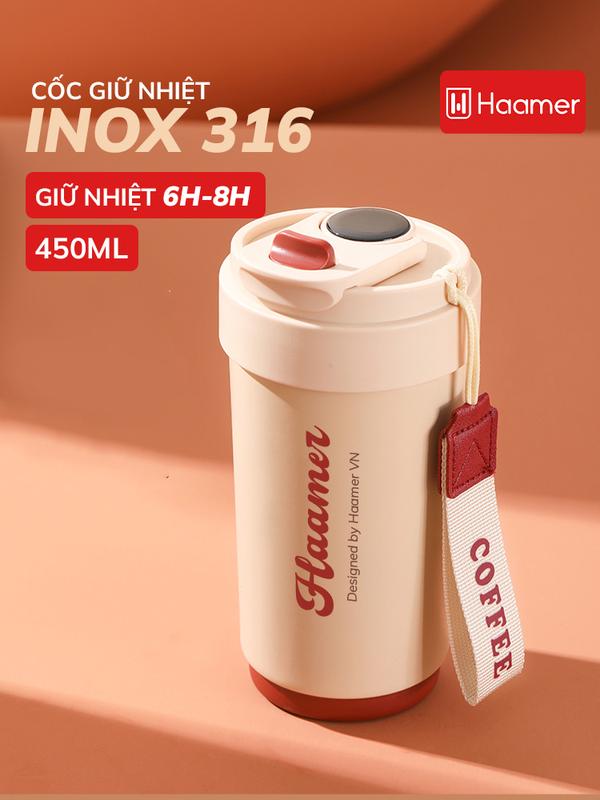 Cốc giữ nhiệt cao cấp Haamer, với chất liệu INOX 316 lót gốm an toàn cho sức khỏe giữ nhiệt 12h dung tích 450ml - B021