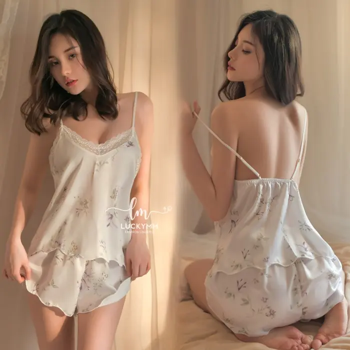 Sleepwear pajamas baju tidur sexy wanita bahan satin premium 165 - Putih, S