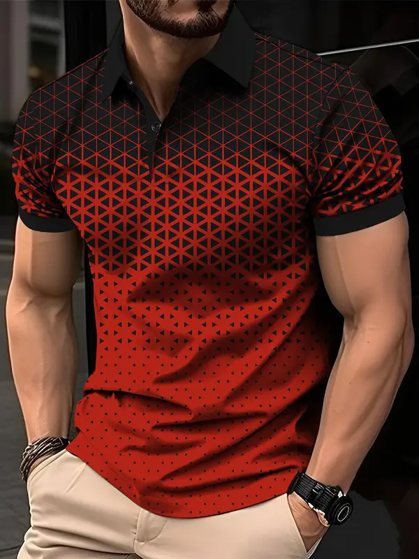 Men's Regular Fit Ombre Geometric Print Short Sleeve Polo Shirt, Casual Button Front Half Placket Collared Top for Spring & Fall, Fashion Men's Clothes for Daily Wear 0