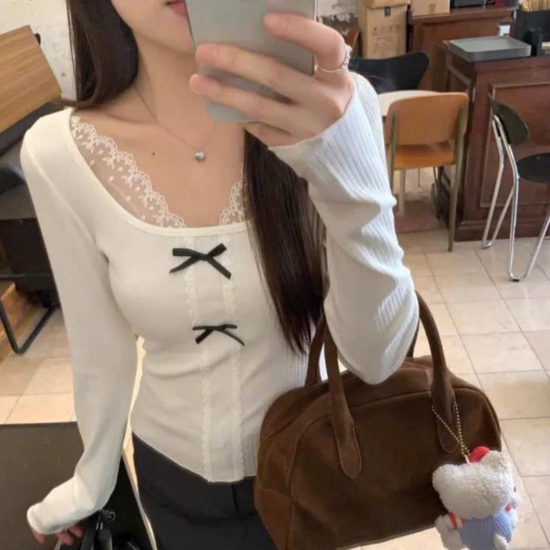 Áo thun nữ kiểu dài tay cổ vuông đính ren màu trắng A103 nơ đính dọc thân xinh xắn dễ thương form thường Top Women Voi Jean Sơ Mi Shirt Voan