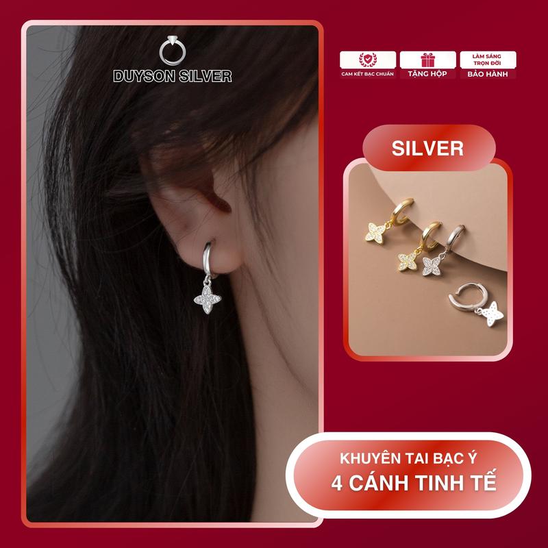 Khuyên tai bạc Ý 925 Duyson Silver hoa bốn cánh, bông tai nữ vòng tròn chốt bấm (Giá bán/1 đôi) [KVDDXK21]