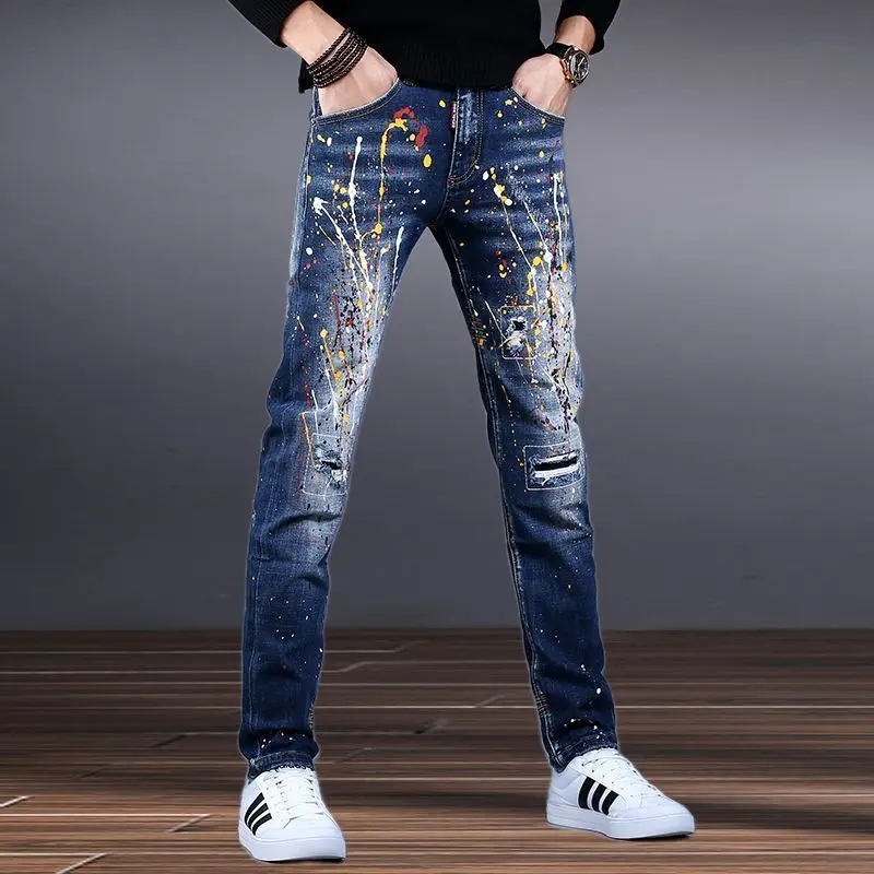 2024 Spring Men's Printed Graffiti Stretch Jeans Trendy Brand Korean Style Casual Slim Fit Trousers