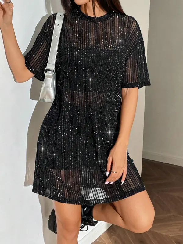 Women's Glitter Batwing Sleeve Dress, Casual Round Neck Short Dress for Summer, Ladies Clothes for Daily Wear 3