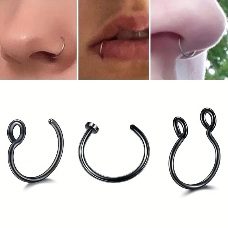 [3pcs Hypoallergenic Nose Rings Set] 3pcs Set Stainless Steel Rings, Unisex Non-Piercing Body Jewelry, Simple Style, C-Shaped Clip Hoops, Piercing Alternatives jewelry 3
