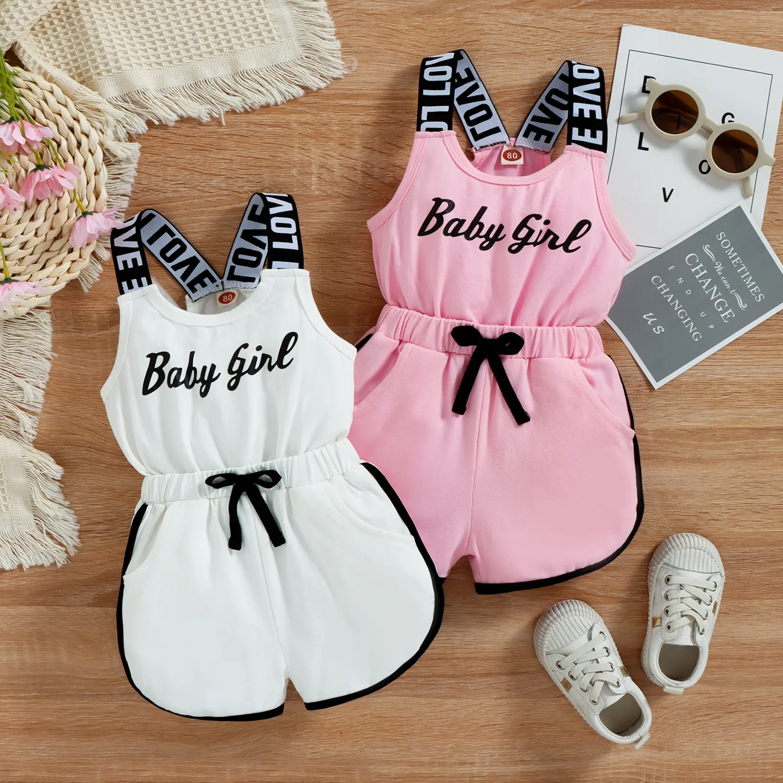 Toddler Baby Girls Summer Romper Sleeveless Crew Neck Letter Print Short Jumpsuit Elastic Waist Bodysuits Casual Clothes