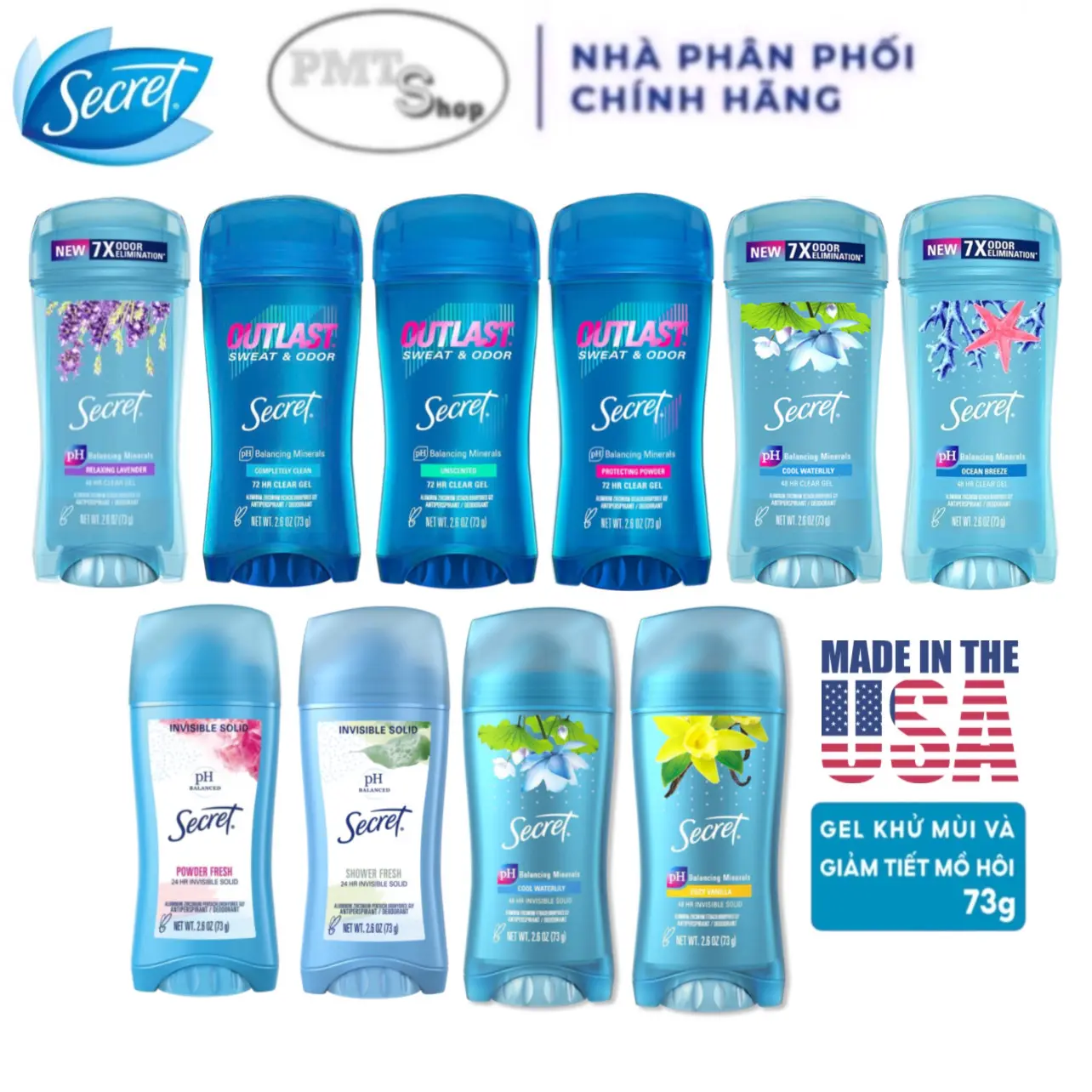 (NK Mỹ) Lăn khử mùi nữ Secret Clear Gel / Sáp 73g Lavender Completely Clean Unscented Protecting Powder Waterlily Vanilla Shower Powder Fresh Made in USA