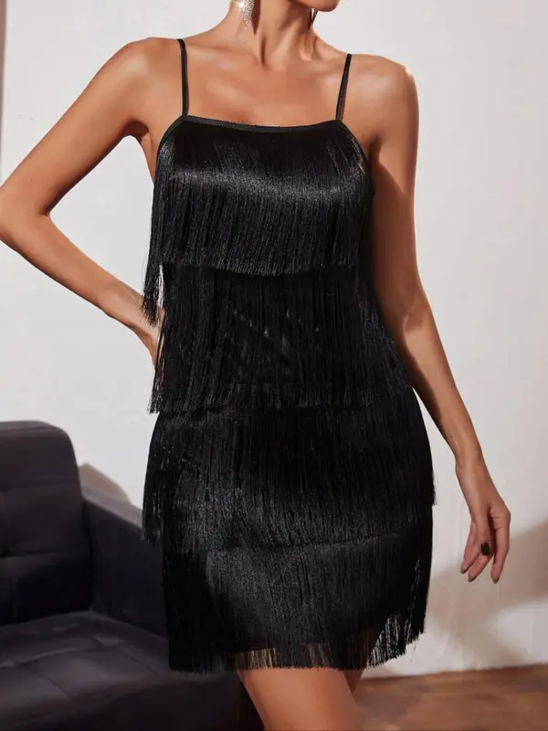 Women's Plain Tiered Layer Tassel Cami Dress, Elegant Adjustable Spaghetti Strap Backless Short Dress for Party Banquet Wedding Guest, Ladies Summer Clothes 2