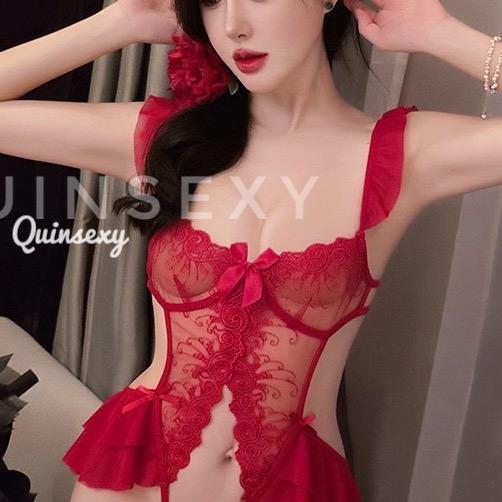 BS100 Bodysuit Ren Cánh Tiên Hai Dây Xẻ Đá y Quyến Rũ Dành cho Nữ - Đen/Trắng/Đỏ Viền Ren 1