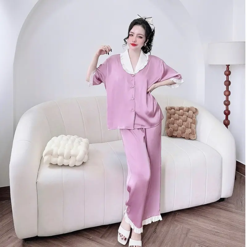 Set Bộ Pjzama cổ sen  FREESIZE 65kg Lụa Latin Áo Cổ Sen Bèo Quần Dài Bèo Óng Suông (Freesize 40-65kg) 2
