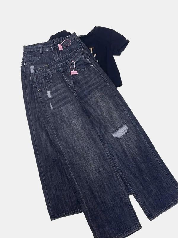 Quần Jean Nữ Suông 95 Kiểu Cắt Rách MTH032 đen xám